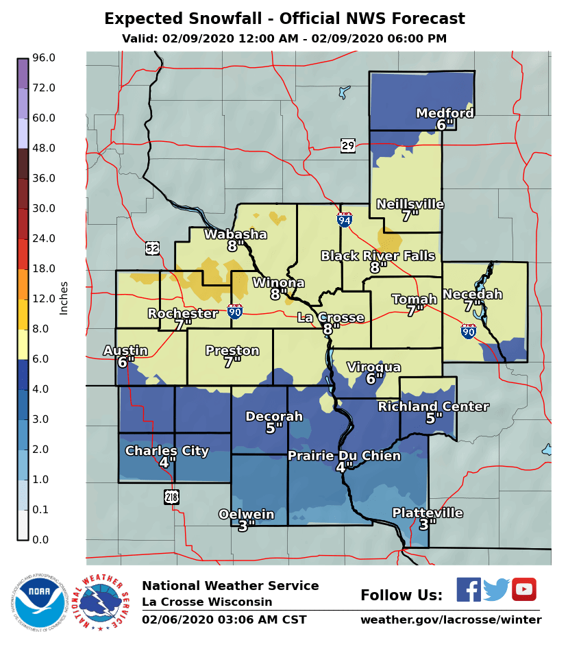 Predicted snow totals Saturday-Sunday storm by National Weather Service La Crosse